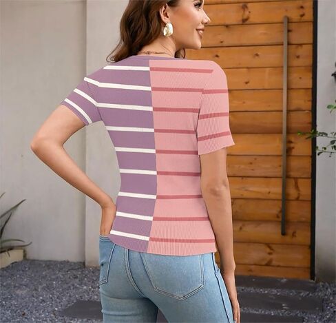 Womens Sweater Tops Slim Fit 2024 Summer Short Sleeve T Shirt Ribbed Knit Pullover Top in Saudi Arabia