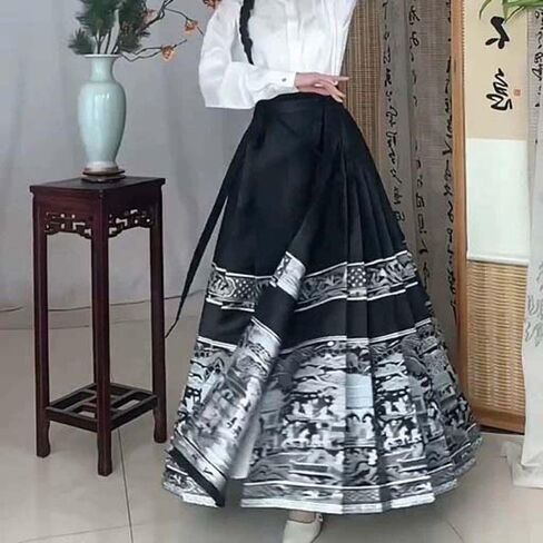 Women's Horse Face Skirt Vintage High Waist Swing A-Line Skirt Black Color Painting Print Chinese Ancient Horse Face Skirt Girls Ancient Costumes in Saudi Arabia