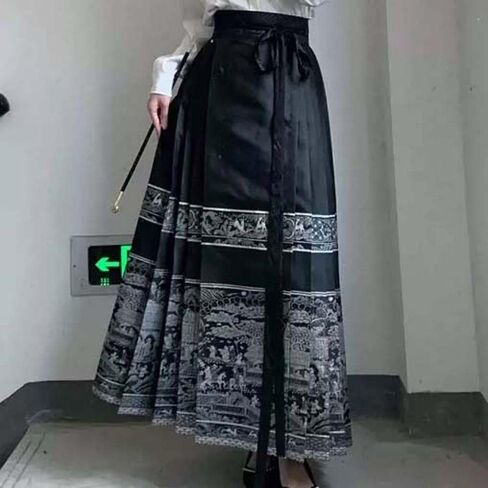 Women's Horse Face Skirt Vintage High Waist Swing A-Line Skirt Black Color Painting Print Chinese Ancient Horse Face Skirt Girls Ancient Costumes in Saudi Arabia