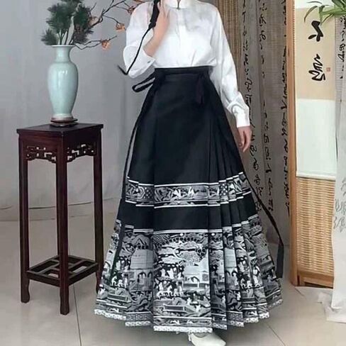 Women's Horse Face Skirt Vintage High Waist Swing A-Line Skirt Black Color Painting Print Chinese Ancient Horse Face Skirt Girls Ancient Costumes in Saudi Arabia