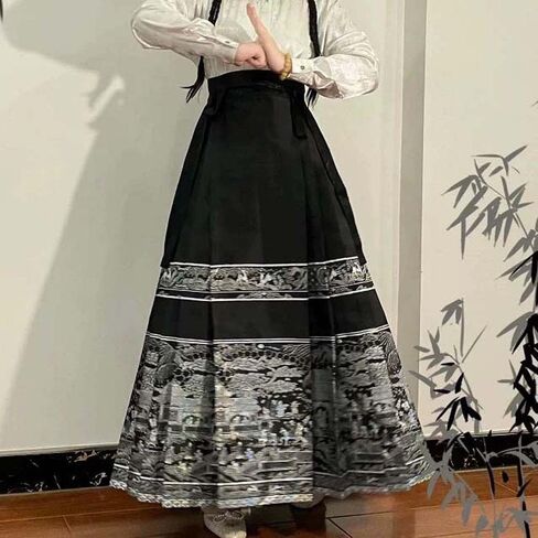 Women's Horse Face Skirt Vintage High Waist Swing A-Line Skirt Black Color Painting Print Chinese Ancient Horse Face Skirt Girls Ancient Costumes in Saudi Arabia