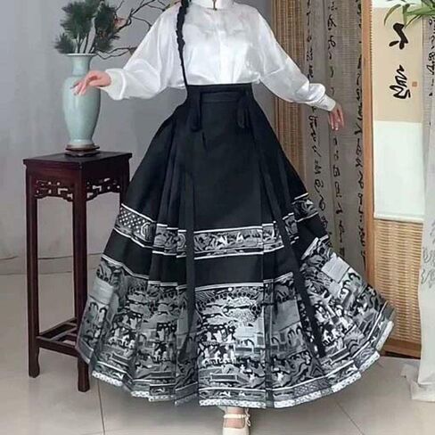 Women's Horse Face Skirt Vintage High Waist Swing A-Line Skirt Black Color Painting Print Chinese Ancient Horse Face Skirt Girls Ancient Costumes in Saudi Arabia
