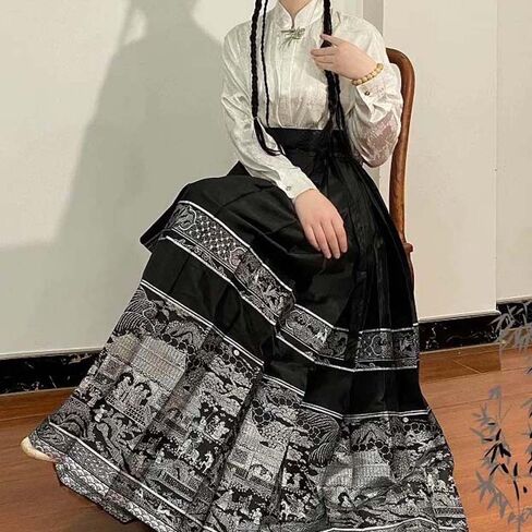 Women's Horse Face Skirt Vintage High Waist Swing A-Line Skirt Black Color Painting Print Chinese Ancient Horse Face Skirt Girls Ancient Costumes in Saudi Arabia