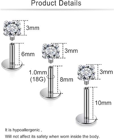 Cisyozi 20G 18G 16G F316 Titanium Lip Labret Medusa Monroe Ashley Nose Ring Stud Screw in Piercing Jewelry Hypoallergenic Implant Flat Back Tragus Helix Cartilage Earring for Women Men 6mm 8mm 10mm in Saudi Arabia