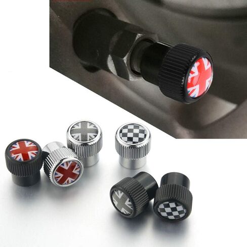 Heinmo for Cooper F/R Series Car إطار عجلة جذع صمام الهواء غطاء غبار - أغطية ساق صمام الإطارات Union Jack 4 قطع (BK-رمادي) in Kuwait