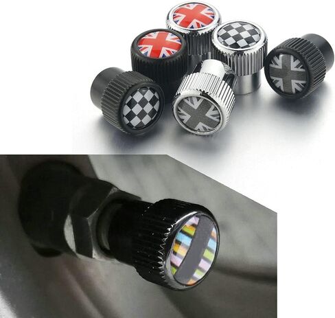 Heinmo for Cooper F/R Series Car إطار عجلة جذع صمام الهواء غطاء غبار - أغطية ساق صمام الإطارات Union Jack 4 قطع (BK-رمادي) in Kuwait