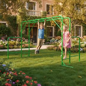Outdoor Monkey Bars for Backyard with Gymnastics Bars, 400lbs Heavy Duty Metal Monkey Bars for Kids Physical Active, Stand Alone Climbing Frame Kids Outdoor Play Equipment Playground Sets, Green in Saudi Arabia