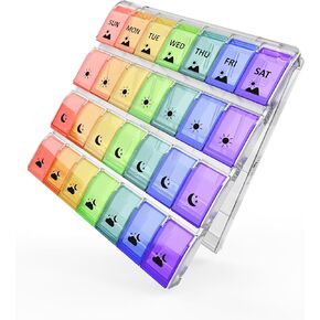 منظم حبوب الدواء الأسبوعي من فوليكون 4 مرات في اليوم، حقيبة حبوب ذات سعة كبيرة مع سهولة التعبئة، منظم أدوية للفيتامينات والمكملات الغذائية والحبوب، هدايا رائعة لكبار السن (قوس قزح شفاف) - في انتظار الحصول على براءة اختراع in Kuwait