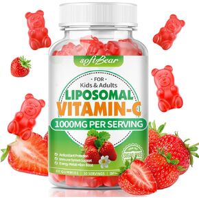 softbear Liposomal فيتامين C علكات للبالغين والأطفال 1000 ملغ، مكمل فيتامين C قابل للمضغ لدعم المناعة، نباتي/عضوي/خالي من السكر VIT C Gummies، نكهة الفراولة 60 عدد in Kuwait