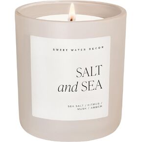 Sweet Water Decor Salt and Sea Scented Soy Candle, Scent Notes of Sea Salt, Citrus, Musk, and Amber, Non-Toxic Wax Blend, 70 Hour Burn, 15oz Blue Matte Jar for Home and Bedroom, Hand Poured in USA in Kuwait