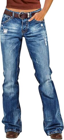 Flamingals Bootcut Jeans for Women Trendy Mid Rise Stretchy Wash Ripped Butt Lifting Western Jeans Without Belt in Saudi Arabia