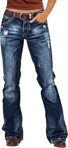 جينز Flamingals Bootcut للنساء عصري متوسط ​​الارتفاع قابل للتمدد وممزق وممزق لرفع المؤخرة جينز غربي بدون حزام in Kuwait