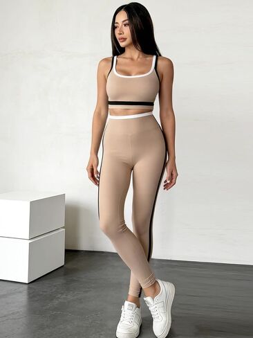 Workout Sets for Women,2 Piece Cropped Tank Top With Contrast Trim High Waist Leggings,Pants Tracksuit Sets Streetwear in Saudi Arabia