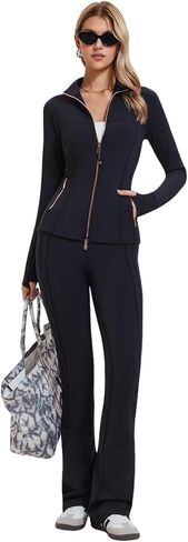 Women's 2 Piece Outfits Tracksuit Full Zip Up Jacket Thumbholes High Waisted Flare Leggings Athletic Workout Sets in Kuwait