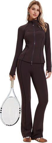 Women's 2 Piece Outfits Tracksuit Full Zip Up Jacket Thumbholes High Waisted Flare Leggings Athletic Workout Sets in Saudi Arabia