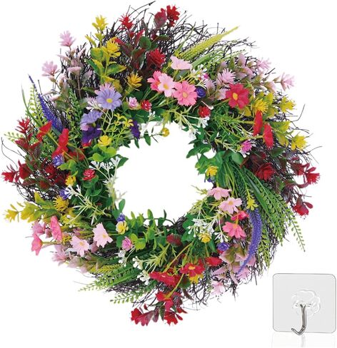 Daisy and Lavender Wildflower Spring and Summer Artificial Spring Wreath Silk Summer for Front Door Home Wall Wedding Festival Farmhouse Holiday Decor (18 inches) in Saudi Arabia