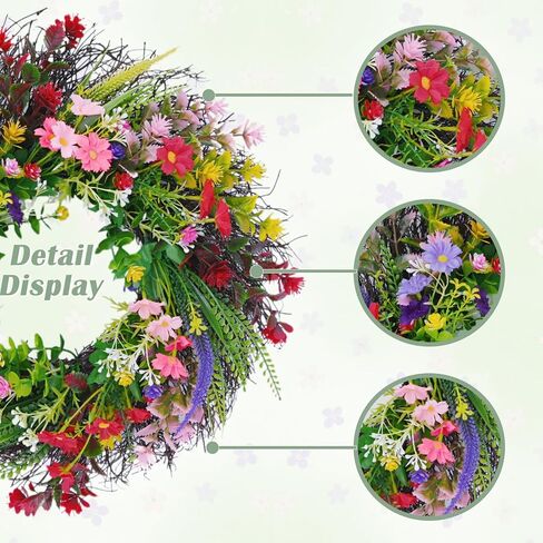 Daisy and Lavender Wildflower Spring and Summer Artificial Spring Wreath Silk Summer for Front Door Home Wall Wedding Festival Farmhouse Holiday Decor (18 inches) in Saudi Arabia