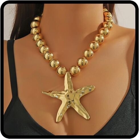 Starfish Necklace for Women Gold Seashell Starfish Pendant Necklace Layered Pearl Star Fish Choker Summer Beach Jewelry Outfit Accessories for Her in Saudi Arabia