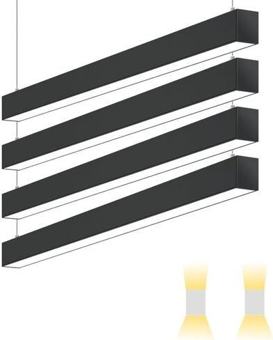 4 عبوات من مصابيح LED الخطية لأعلى ولأسفل 4FT 60W 7800LM، 0-10V عكس الضوء 3000-6500K 5 ألوان متغيرة، اتصال سلس، إضاءة تجارية مكتبية قابلة للربط، غطاء أسود معلق ومثبت على السطح in Kuwait