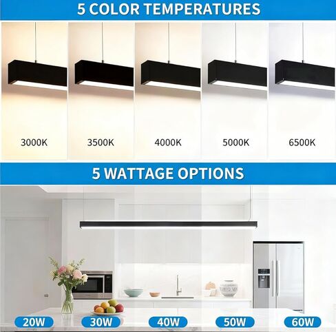 4 عبوات من مصابيح LED الخطية لأعلى ولأسفل 4FT 60W 7800LM، 0-10V عكس الضوء 3000-6500K 5 ألوان متغيرة، اتصال سلس، إضاءة تجارية مكتبية قابلة للربط، غطاء أسود معلق ومثبت على السطح in Kuwait