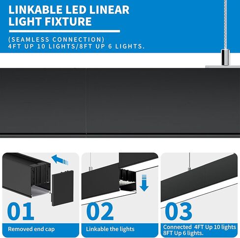 4 عبوات من مصابيح LED الخطية لأعلى ولأسفل 4FT 60W 7800LM، 0-10V عكس الضوء 3000-6500K 5 ألوان متغيرة، اتصال سلس، إضاءة تجارية مكتبية قابلة للربط، غطاء أسود معلق ومثبت على السطح in Kuwait