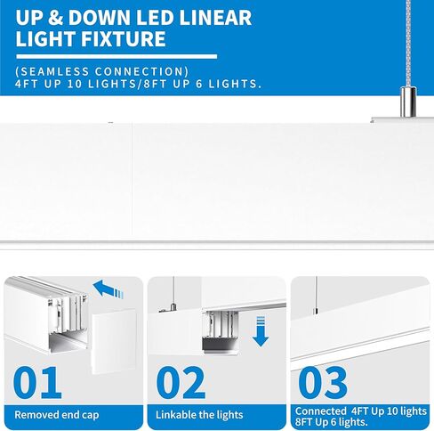 4 عبوات من مصابيح LED الخطية لأعلى ولأسفل 4FT 60W 7800LM، 0-10V عكس الضوء 3000-6500K 5 ألوان متغيرة، اتصال سلس، إضاءة تجارية مكتبية قابلة للربط، غطاء أبيض معلق ومثبت على السطح in Kuwait
