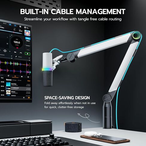 ARES WING Aluminum Microphone Boom Arm with RGB Light and Volume Control, Adjustable Mic Arm Desk Mount with 3/8" to 5/8" Screw Adapter, Suspension Scissor Mic Stand for Gaming Streaming Podcasting in Saudi Arabia