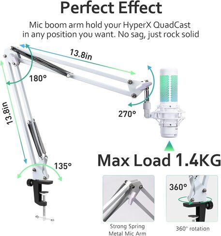 لذراع HyperX Quadcast S Boom - ذراع ميكروفون مطور مع غطاء إسفنجي للميكروفون يقلل من ضوضاء الرياح، ذراع ذراع أبيض لـ Hyperx Quadcast، محول 3/8 بوصة إلى 5/8 بوصة متوافق مع الطرز الأخرى in Kuwait