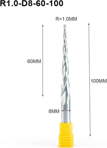 قاطعة طحن الأجهزة 4 قطع HRC55 R0.5-R2.0xD8x60x100mm مطحنة نهاية كروية مدببة مع طلاء كربيد التنغستن، قاطعة طحن خشبية مخروطية مدببة باستخدام الحاسب الآلي (الأبعاد: R1.0XD8X60X100mm) in Saudi Arabia