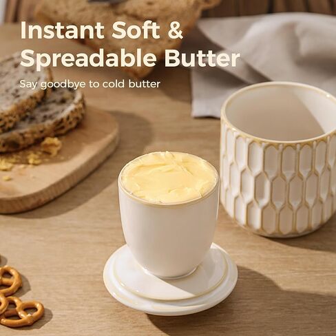 Butter Crock for Counter with Water Line and lid, Ceramic Butter Keeper for Spreadable Soft Butter, Container Holder for Kitchen and Home Decor, Beige in Saudi Arabia