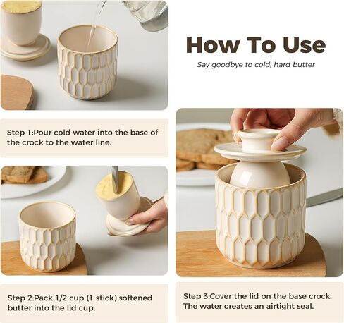 Butter Crock for Counter with Water Line and lid, Ceramic Butter Keeper for Spreadable Soft Butter, Container Holder for Kitchen and Home Decor, Beige in Saudi Arabia