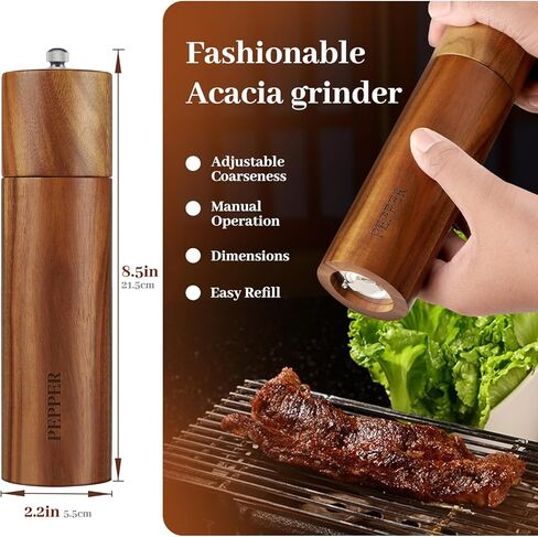 Acacia Wood Salt and Pepper Grinder Set with Base - Adjustable Ceramic Rotor Manual Pepper Mill and Salt Shaker - Refillable Wooden Spice Grinders for Kitchen Cooking, Farmhouse Decor & Gifts in Saudi Arabia