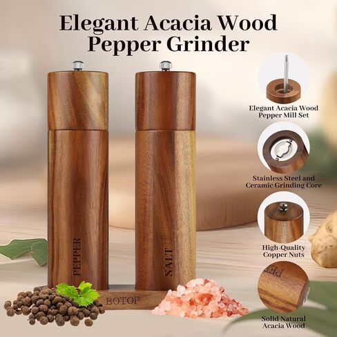 Acacia Wood Salt and Pepper Grinder Set with Base - Adjustable Ceramic Rotor Manual Pepper Mill and Salt Shaker - Refillable Wooden Spice Grinders for Kitchen Cooking, Farmhouse Decor & Gifts in Saudi Arabia