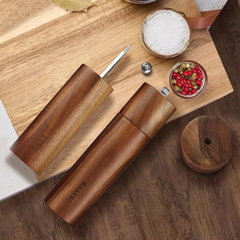 Acacia Wood Salt and Pepper Grinder Set with Base - Adjustable Ceramic Rotor Manual Pepper Mill and Salt Shaker - Refillable Wooden Spice Grinders for Kitchen Cooking, Farmhouse Decor & Gifts in Saudi Arabia