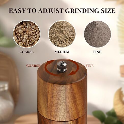 Acacia Wood Salt and Pepper Grinder Set with Base - Adjustable Ceramic Rotor Manual Pepper Mill and Salt Shaker - Refillable Wooden Spice Grinders for Kitchen Cooking, Farmhouse Decor & Gifts in Saudi Arabia