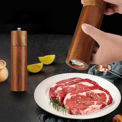 Acacia Wood Salt and Pepper Grinder Set with Base - Adjustable Ceramic Rotor Manual Pepper Mill and Salt Shaker - Refillable Wooden Spice Grinders for Kitchen Cooking, Farmhouse Decor & Gifts in Saudi Arabia