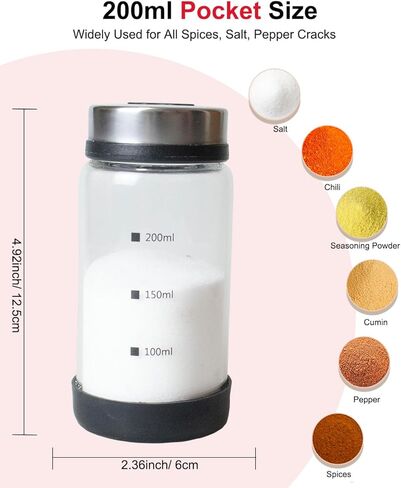 شاكر ملح أو فلفل 200 مل مع فتحات صب قابلة للتعديل، موزع توابل زجاجة زجاجية مع غطاء من الفولاذ المقاوم للصدأ لملح الهيمالايا، ملح البحر كورس الناعم، فلفل أسود in Kuwait