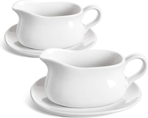 LE TAUCI 17oz Gravy Boat with Saucer Stand, Set of 2, Ceramic Sauce Boat with Tray for Salad Dressings, Creamer, Broth, Black Pepper, White in Saudi Arabia