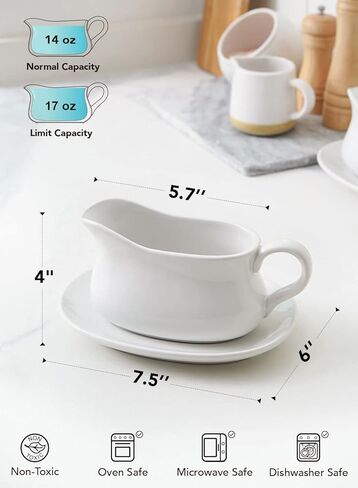 LE TAUCI 17oz Gravy Boat with Saucer Stand, Set of 2, Ceramic Sauce Boat with Tray for Salad Dressings, Creamer, Broth, Black Pepper, White in Saudi Arabia