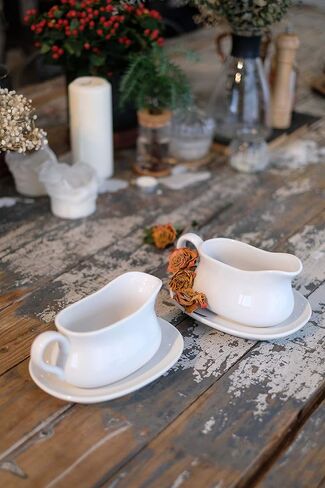 LE TAUCI 17oz Gravy Boat with Saucer Stand, Set of 2, Ceramic Sauce Boat with Tray for Salad Dressings, Creamer, Broth, Black Pepper, White in Saudi Arabia