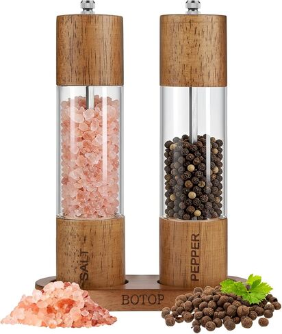 Acacia Wood Salt and Pepper Grinder Set with Base - Adjustable Ceramic Rotor Manual Pepper Mill and Salt Shaker - Refillable Wooden Spice Grinders for Kitchen Cooking, Farmhouse Decor & Gifts in Saudi Arabia
