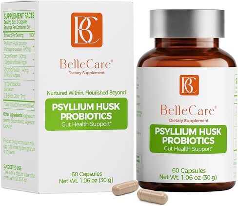 BELLECARE 700mg Psyllium Husk Per Serving Capsules with Probiotic, 60 Capsules, Daily Fiber Supplement for Digestive & Gut Support in Saudi Arabia