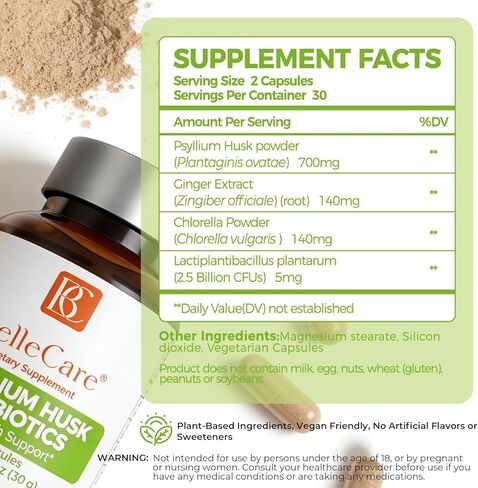 BELLECARE 700mg Psyllium Husk Per Serving Capsules with Probiotic, 60 Capsules, Daily Fiber Supplement for Digestive & Gut Support in Saudi Arabia