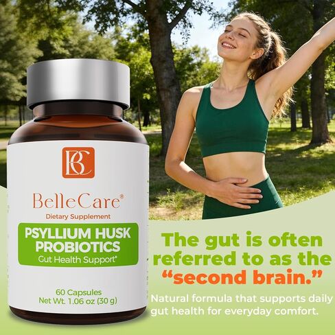 BELLECARE 700mg Psyllium Husk Per Serving Capsules with Probiotic, 60 Capsules, Daily Fiber Supplement for Digestive & Gut Support in Saudi Arabia