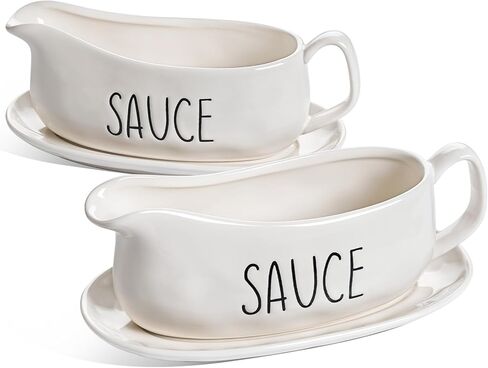 LE TAUCI 17oz Gravy Boat with Saucer Stand, Set of 2, Ceramic Sauce Boat with Tray for Salad Dressings, Creamer, Broth, Black Pepper, White in Saudi Arabia