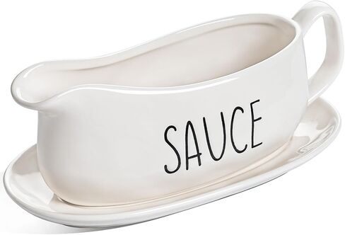 LE TAUCI 17oz Gravy Boat with Saucer Stand, Set of 2, Ceramic Sauce Boat with Tray for Salad Dressings, Creamer, Broth, Black Pepper, White in Saudi Arabia