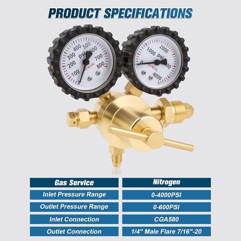 منظم النيتروجين Beaiguna، منظم النيتروجين 0-800PSI HVAC مع مدخل CGA580، وصلة مخرج مضيئة 1/4 بوصة، منظم خزان النيتروجين لتطهير HVAC، فحص التسرب، اختبار الضغط، اللحام in Kuwait