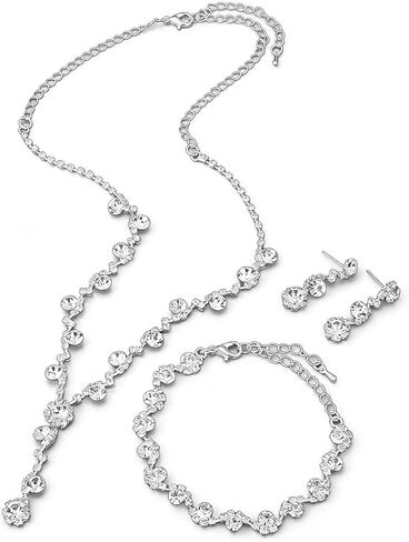 Bridal Jewelry Sets Wedding Necklace Earrings Silver Rhinestone Chain Necklace Bracelet Bridal Jewelry Sets for Women in Saudi Arabia