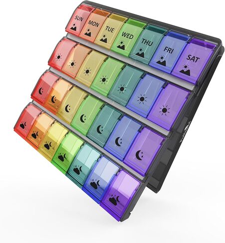 منظم حبوب الدواء الأسبوعي من فوليكون 4 مرات في اليوم، حقيبة حبوب ذات سعة كبيرة مع سهولة التعبئة، منظم أدوية للفيتامينات والمكملات الغذائية والحبوب، هدايا رائعة لكبار السن (قوس قزح شفاف) - في انتظار الحصول على براءة اختراع in Kuwait