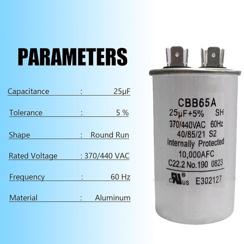 25 فائق التوهج 25MFD 50/60 هرتز 370VAC 440VAC CBB65 مكثفات تشغيل مستديرة لتشغيل محرك التيار المتردد، تشغيل محرك التيار المتردد، تشغيل المروحة، مكثفات تكييف الهواء للتبريد أو المضخة الحرارية. in Kuwait